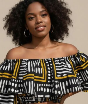 African Print Ruffle Crop Top – Black and Yellow Mudcloth Pattern Ankara Blouse