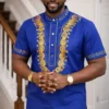 103 Electric Blue Men’s Gold Spiral Dashiki Shirt