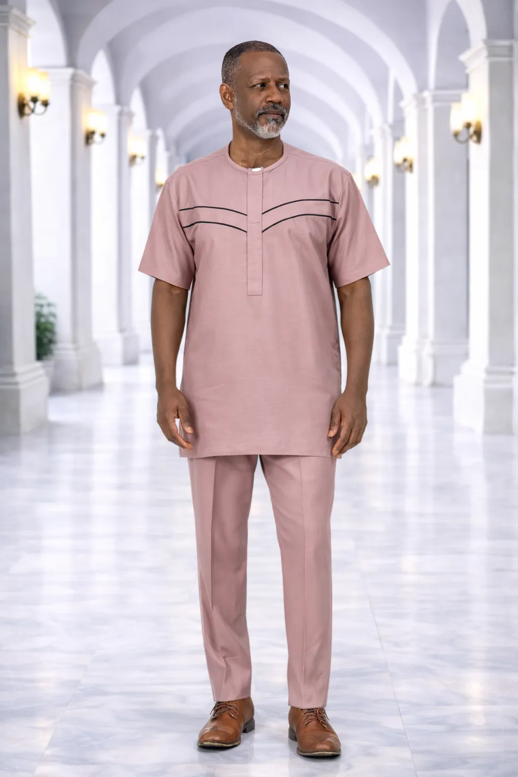 Men's Dusty Mauve Kaftan Set with Chevron Piping 1 Men’s Dusty Mauve Kaftan Set