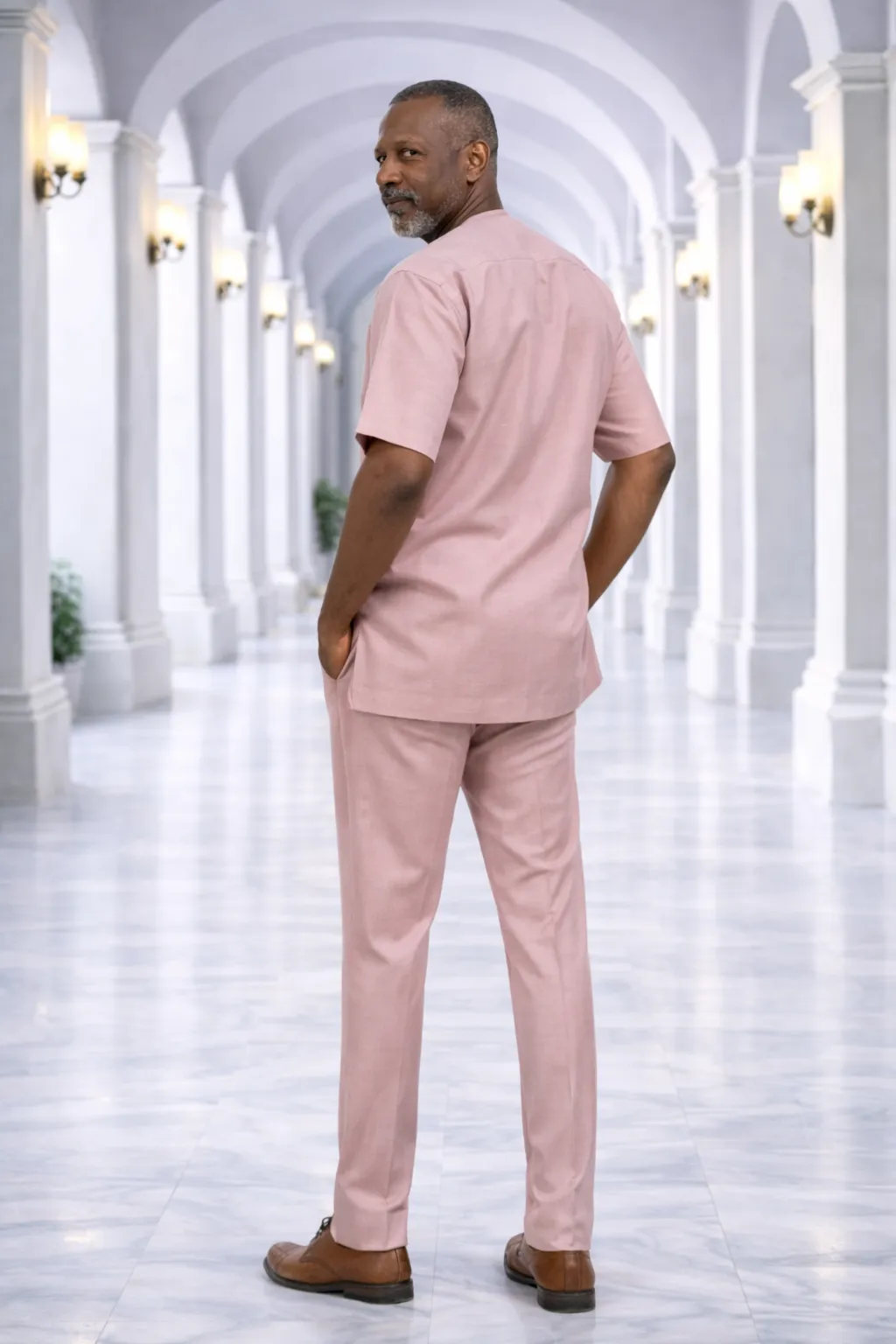 Men's Dusty Mauve Kaftan Set with Chevron Piping 2 Men's Dusty Mauve Kaftan Set with Chevron Piping - Image 2