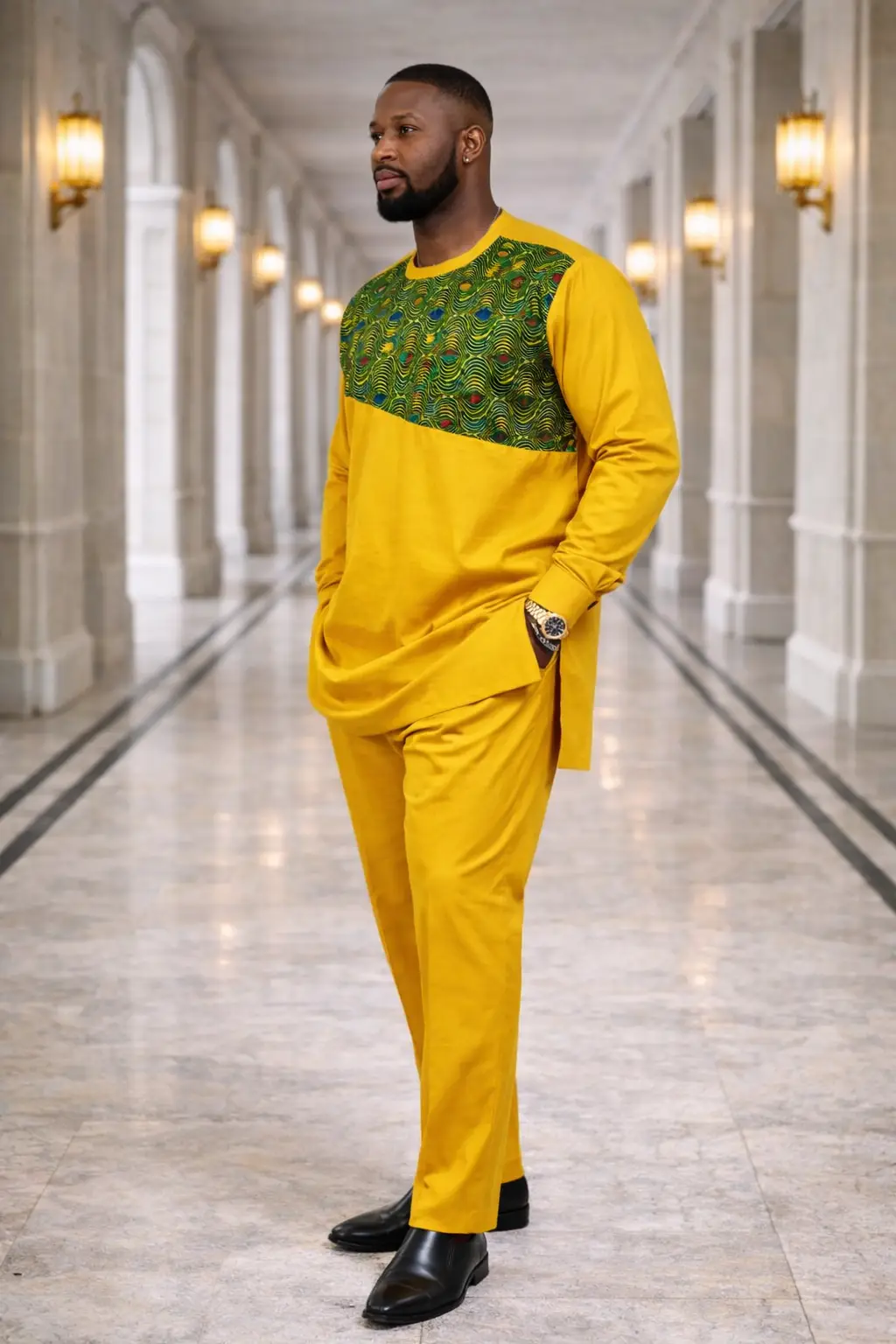 Men's Yellow Ankara Patch Senator Suit - 2 Piece 3 Men's Yellow Ankara Patch Senator Suit - 2 Piece - Image 3