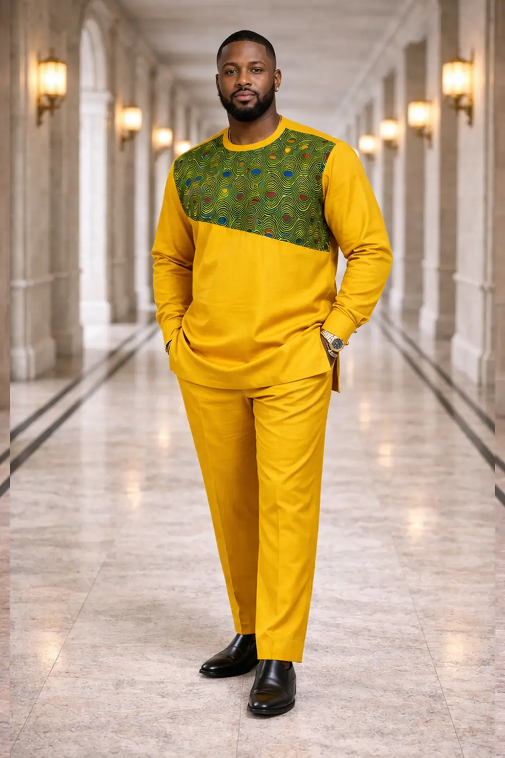 Men's Yellow Ankara Patch Senator Suit - 2 Piece 1 Yellow Ankara Patch Senator Suit