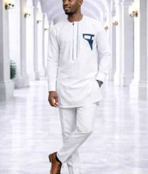 Men’s White Senator Suit with Navy Pocket