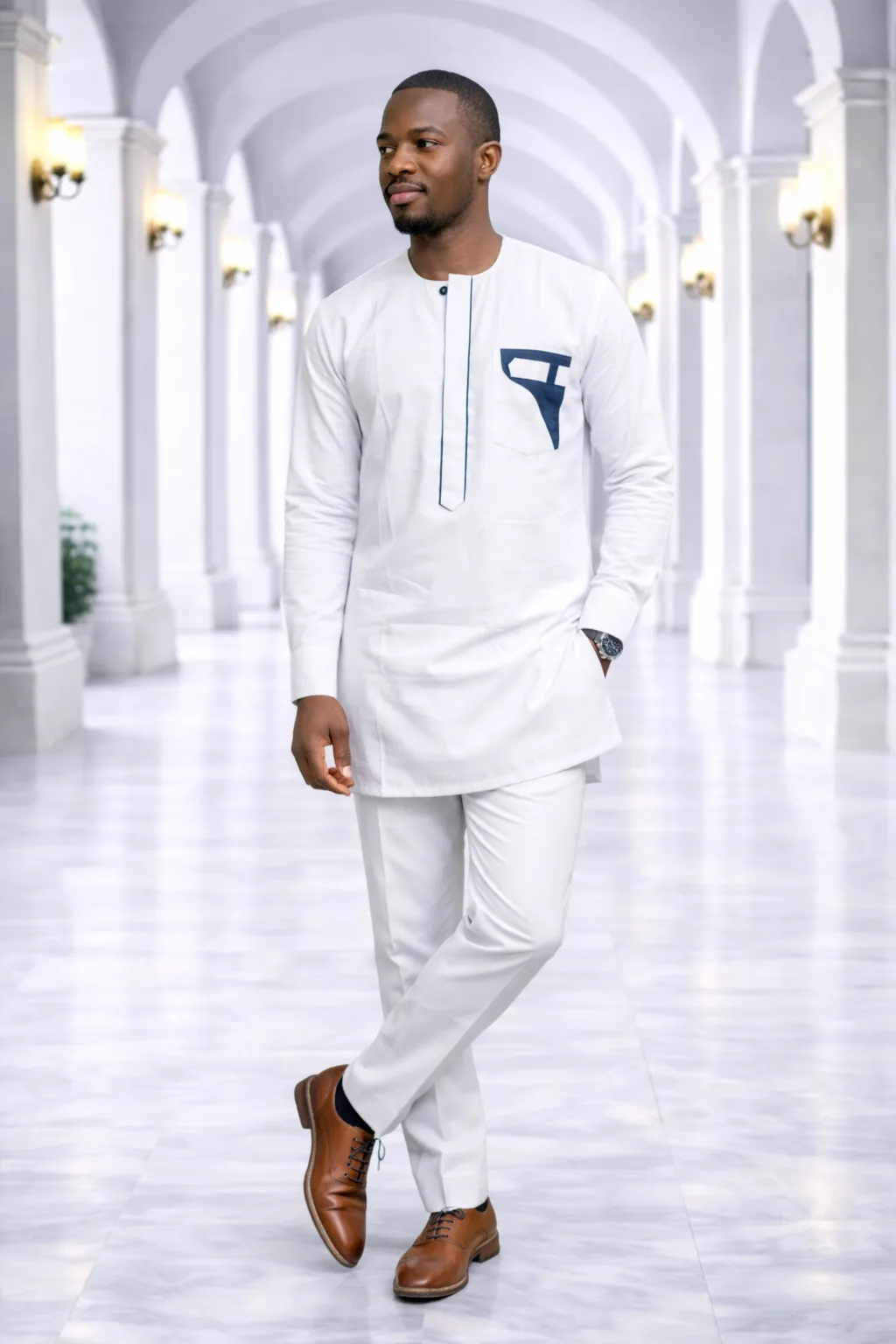 Men’s White Senator Suit with Navy Pocket