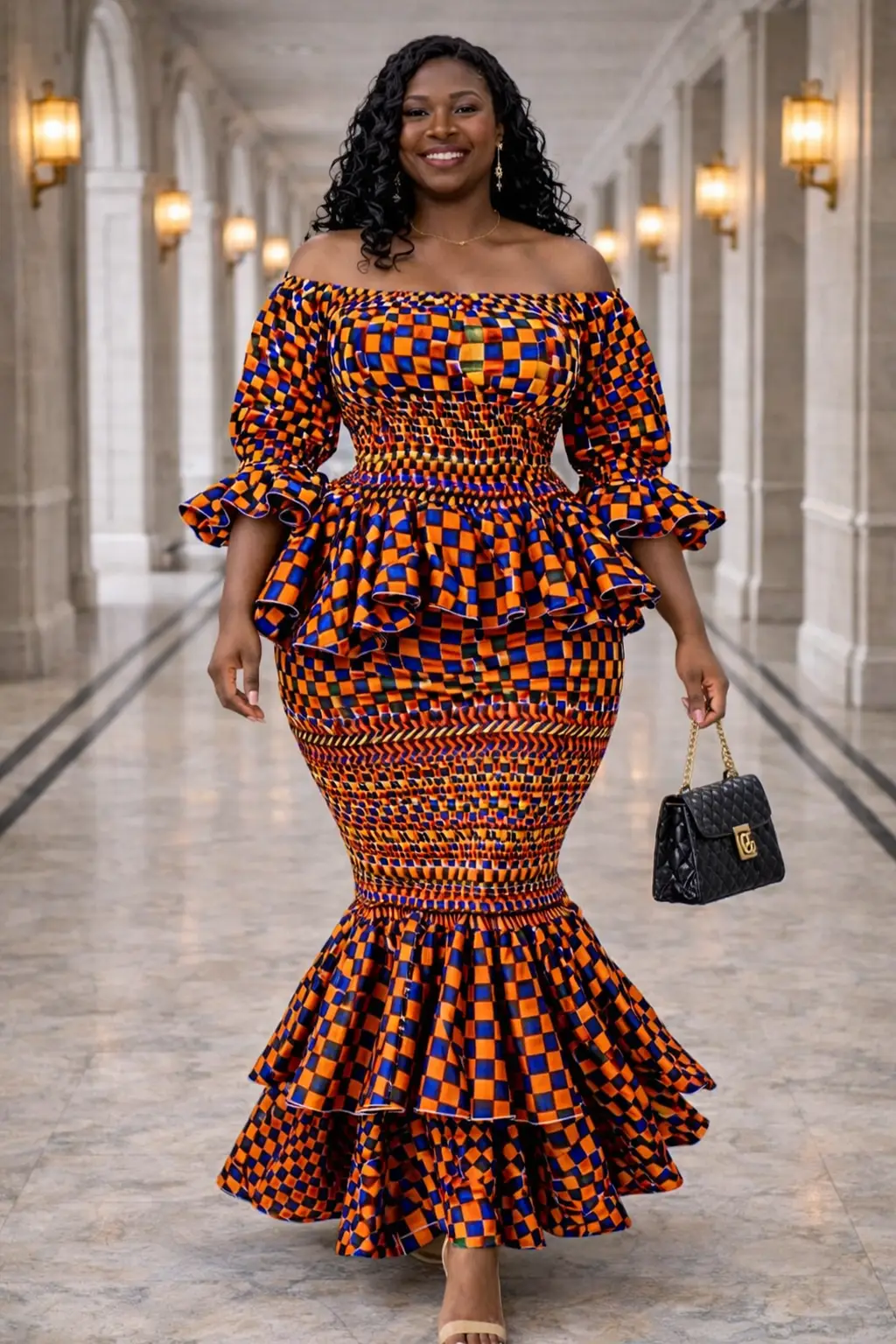 Orange and Blue Checkered Mermaid Set - Ankara 1 Orange and Blue Checkered Mermaid Set