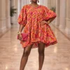 Pink and Orange Kente Print Smock Dress - Cotton Pink and Orange Kente Print Smock Dress