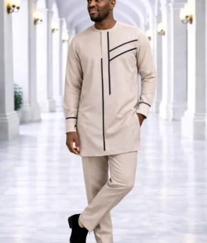 Men’s Beige Senator Suit with Black Linear