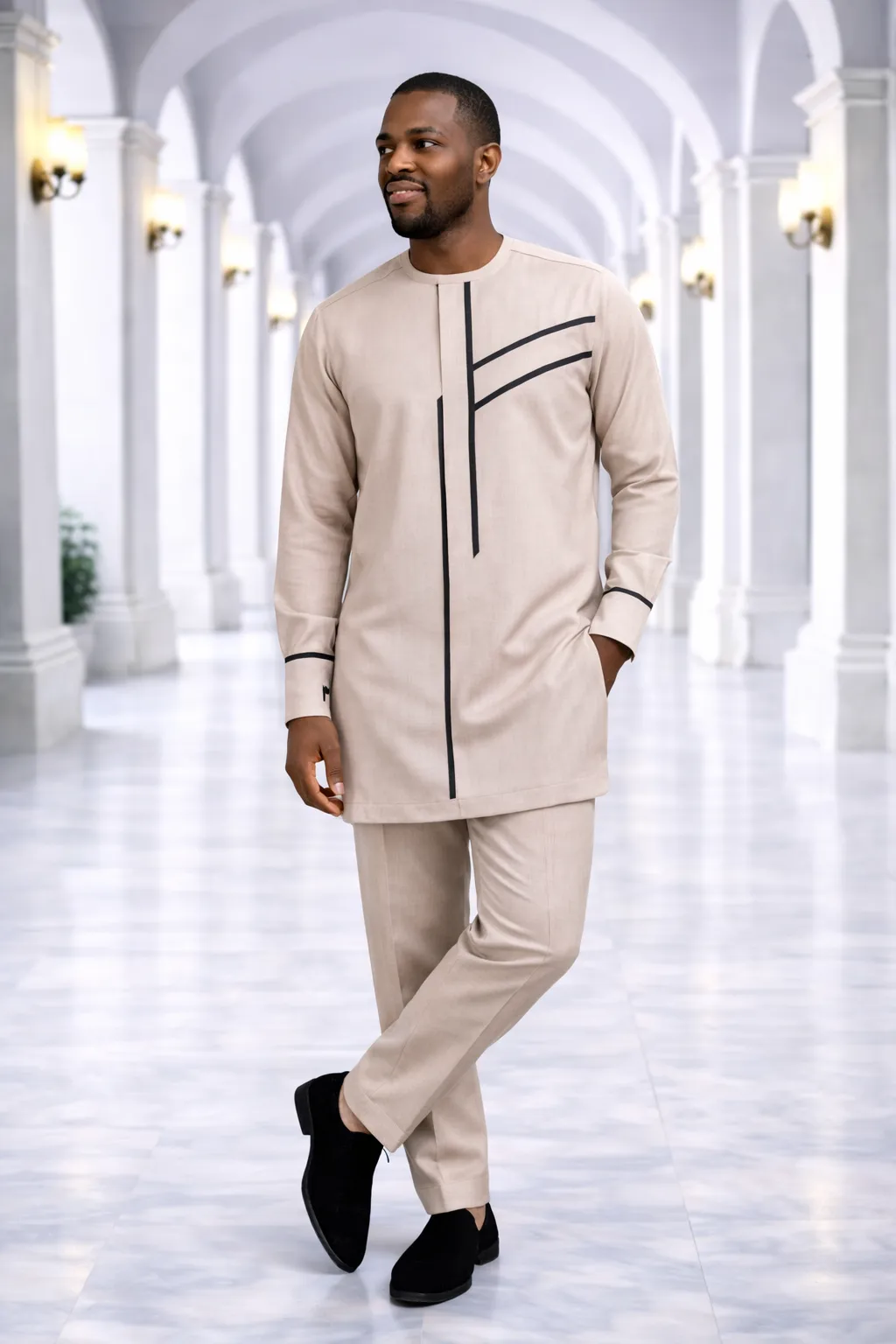 Men’s Beige Senator Suit with Black Linear Detail 1 Men’s Beige Senator Suit with Black Linear