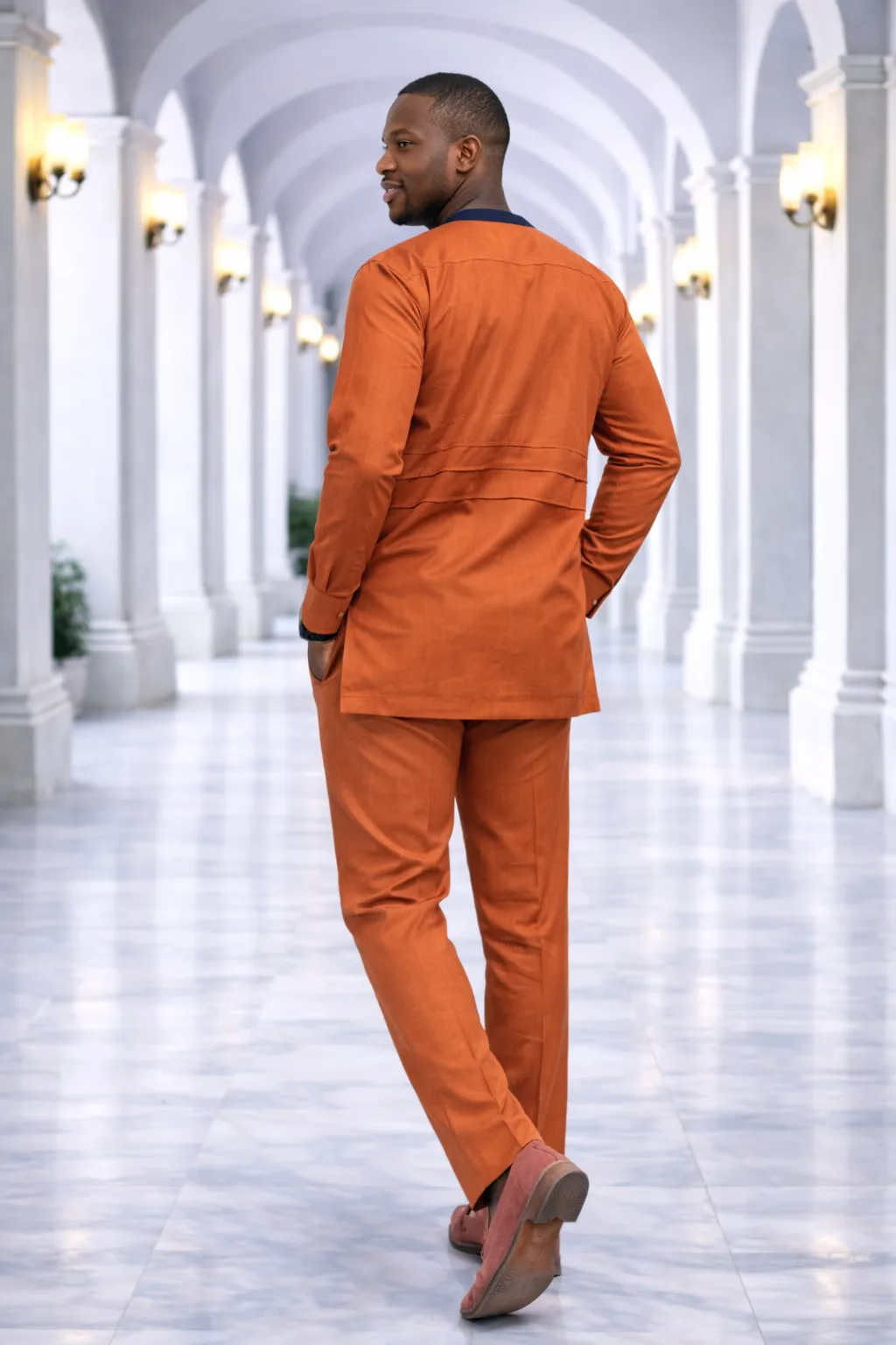 Men's Burnt Orange V-Neck Kaftan Suit with Trim 2 Men's Burnt Orange V-Neck Kaftan Suit with Trim - Image 2