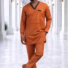 17 Men's Burnt Orange V-Neck Kaftan Suit with Trim