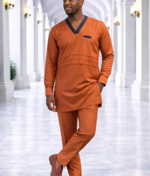 Men's Burnt Orange V-Neck Kaftan Suit with Trim