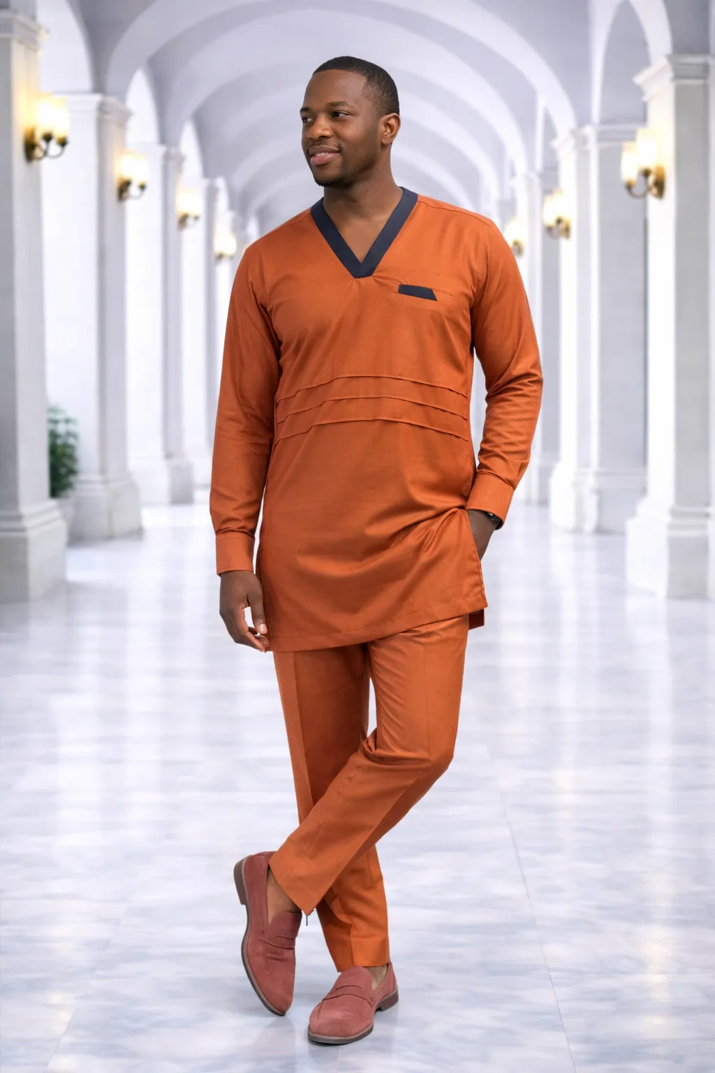 Men's Burnt Orange V-Neck Kaftan Suit with Trim 1 Men's Burnt Orange V-Neck Kaftan Suit with Trim