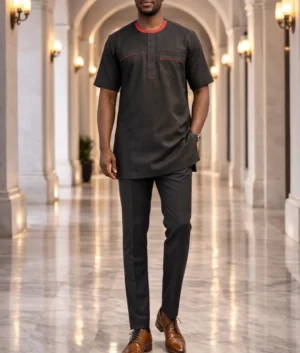 Men’s Black Short Sleeve Kaftan Suit with Red Trim