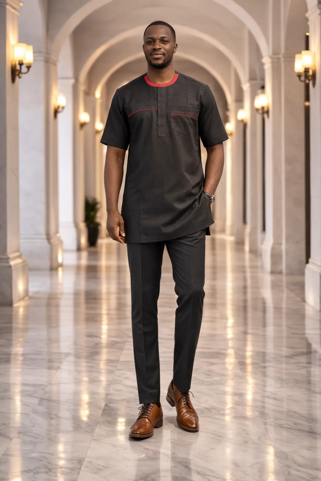 Men’s Black Short Sleeve Kaftan Suit with Red Trim 1 Men’s Black Short Sleeve Kaftan Suit with Red Trim