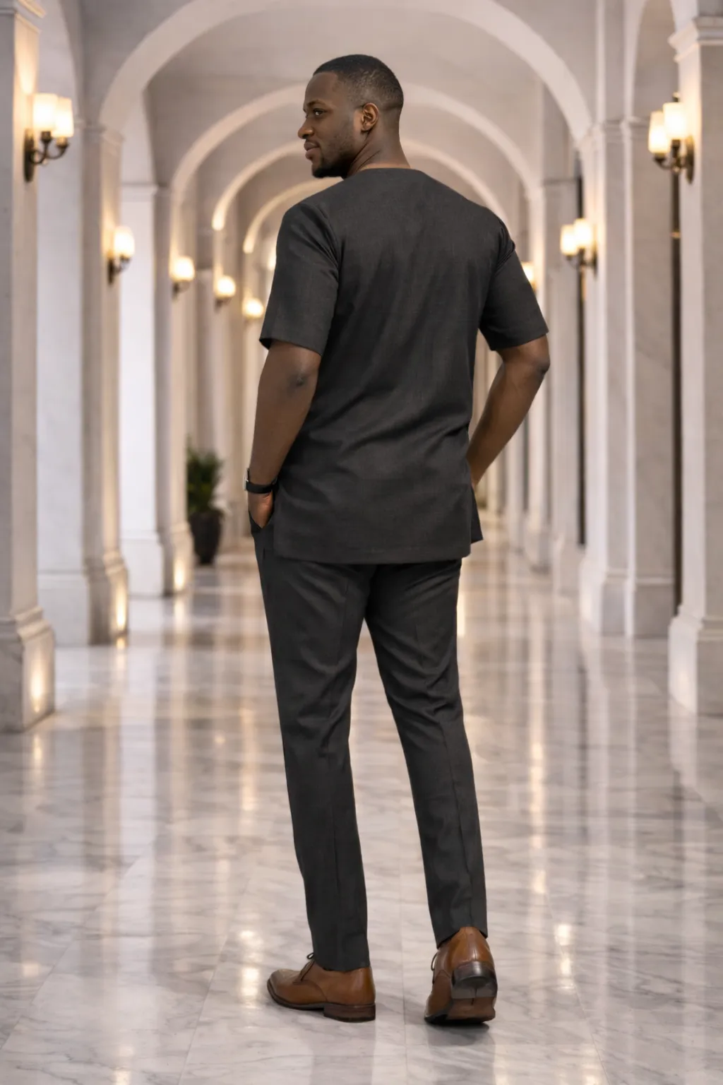 Men’s Black Short Sleeve Kaftan Suit with Red Trim 2 Men’s Black Short Sleeve Kaftan Suit with Red Trim - Image 2