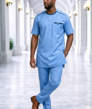 Men's Sky Blue Short-Sleeve Kaftan Suit
