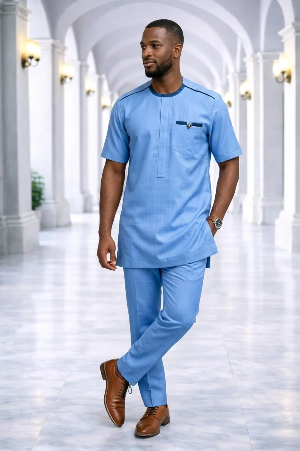 Men's Sky Blue Short-Sleeve Kaftan Suit 1 Men's Sky Blue Short-Sleeve Kaftan Suit