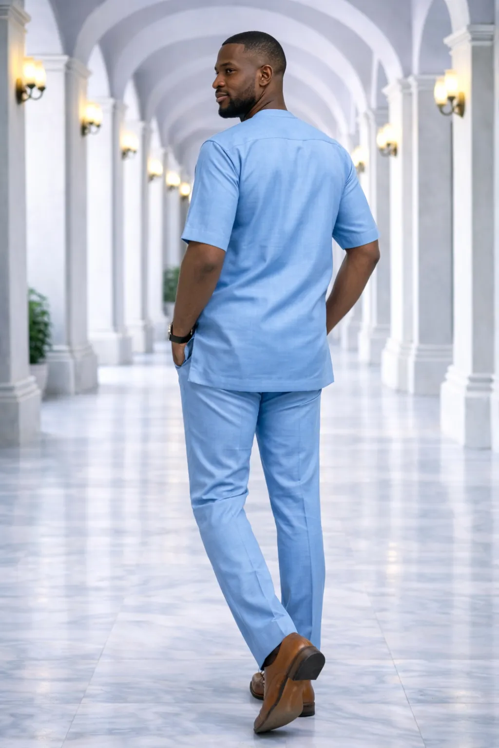 Men's Sky Blue Short-Sleeve Kaftan Suit 2 Men's Sky Blue Short-Sleeve Kaftan Suit - Image 2