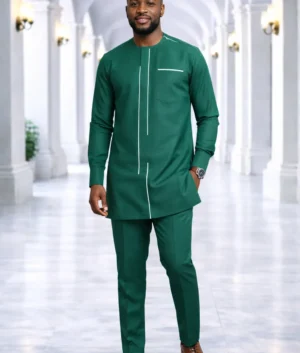 Men's Forest Green Kaftan Suit with White Accents