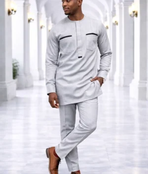 Men's Light Gray Kaftan Suit with Black Accents