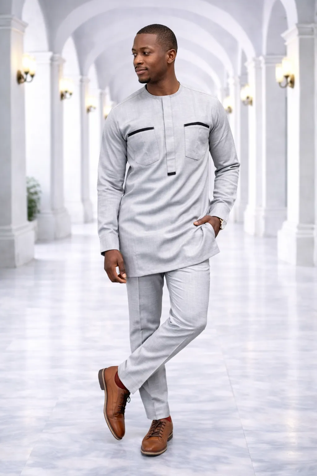 Men's Light Gray Kaftan Suit with Black Accents 1 Men's Light Gray Kaftan Suit with Black Accents