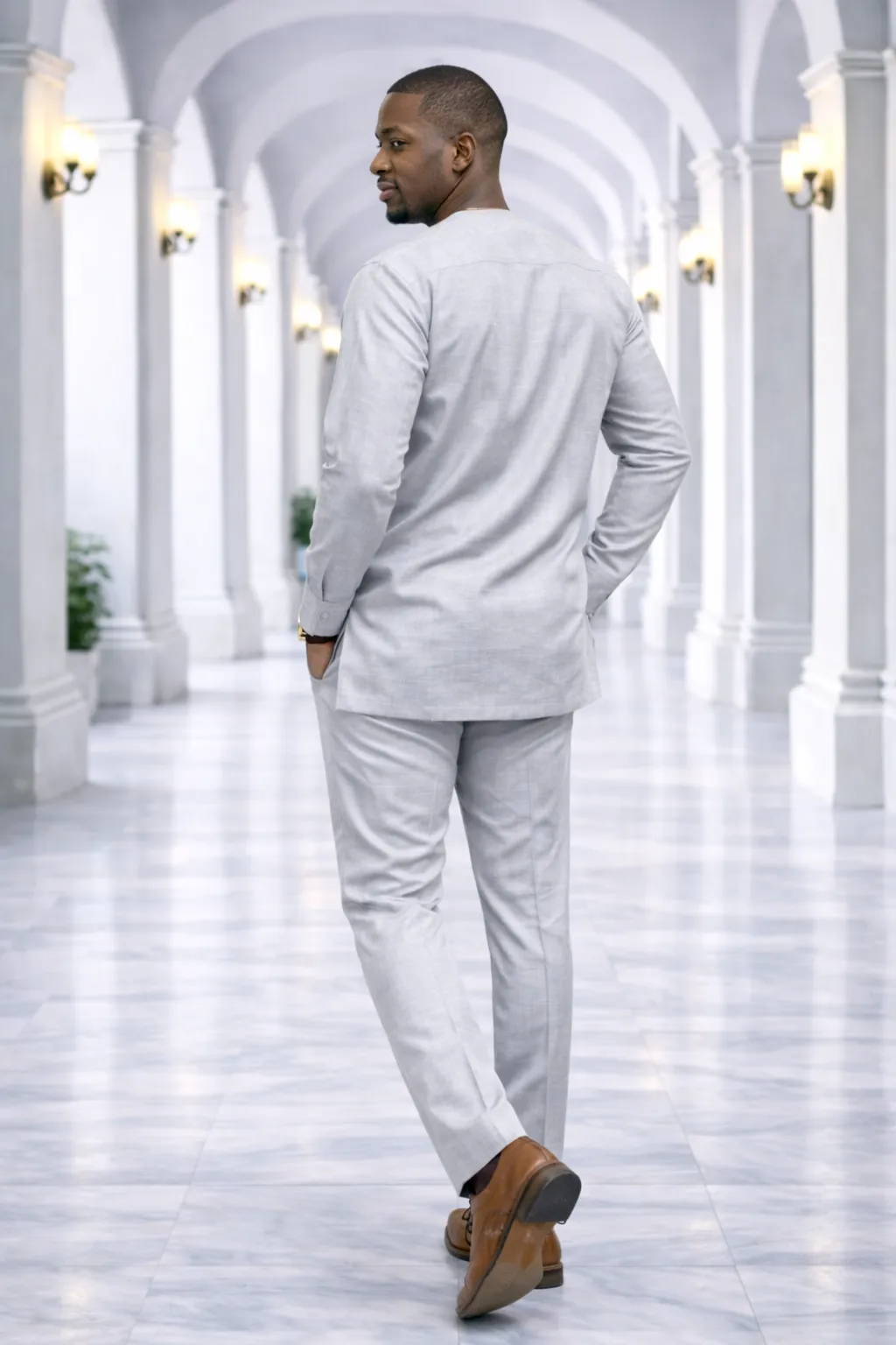 Men's Light Gray Kaftan Suit with Black Accents 2 Men's Light Gray Kaftan Suit with Black Accents - Image 2