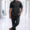 Men's Black Short-Sleeve Kaftan with Red Piping Men's Black Short-Sleeve Kaftan with Red Piping