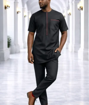 Men's Black Short-Sleeve Kaftan with Red Piping