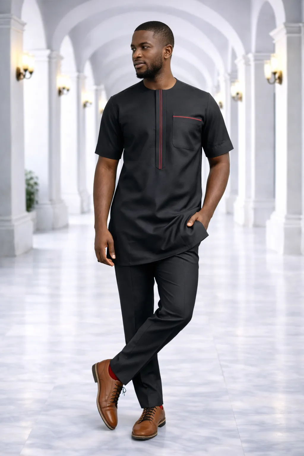 Men's Black Short-Sleeve Kaftan with Red Piping 1 Men's Black Short-Sleeve Kaftan with Red Piping