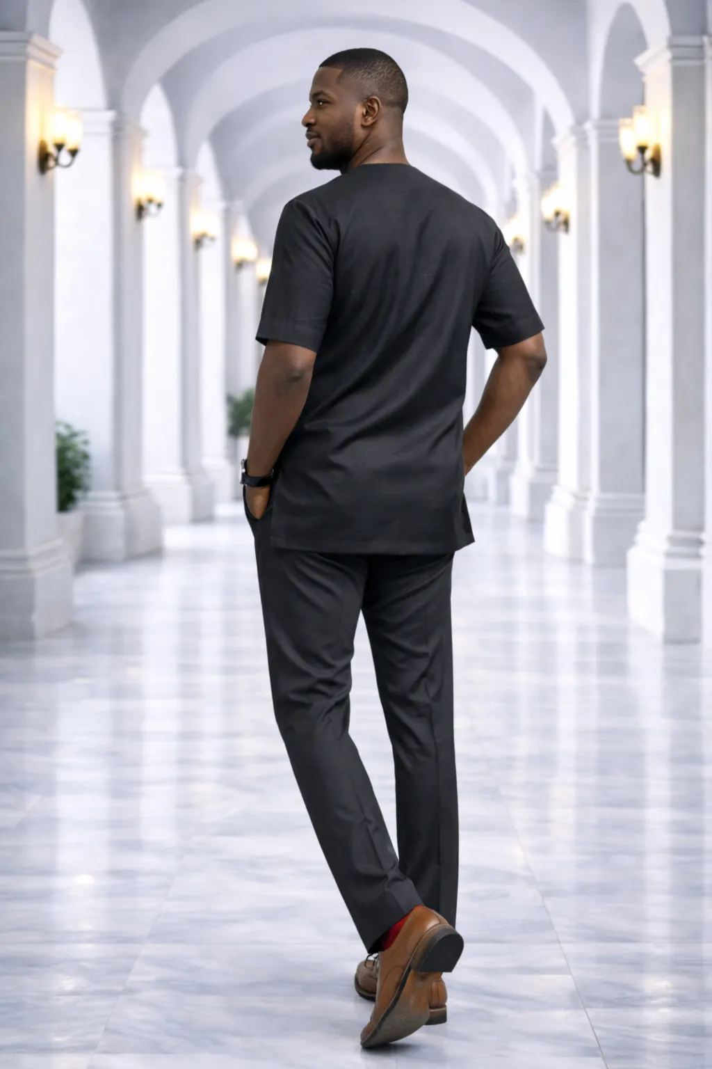 Men's Black Short-Sleeve Kaftan with Red Piping 2 Men's Black Short-Sleeve Kaftan with Red Piping - Image 2