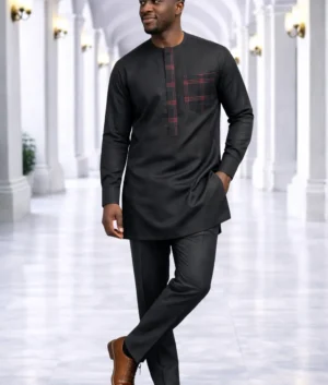 Men's Black Kaftan Suit with Red Check Accents
