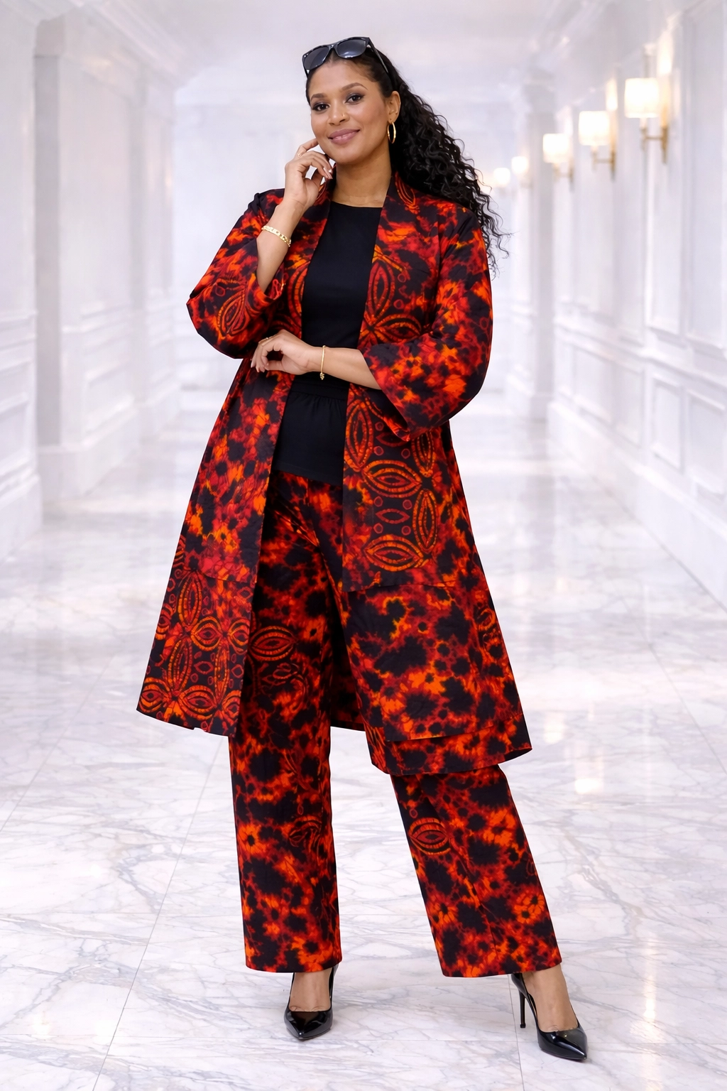 Red Kimono Print and Wide-Leg Pant Set