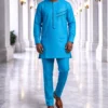 Men’s Sky Blue Kaftan Suit with Black Piping Men’s Sky Blue Kaftan Suit with