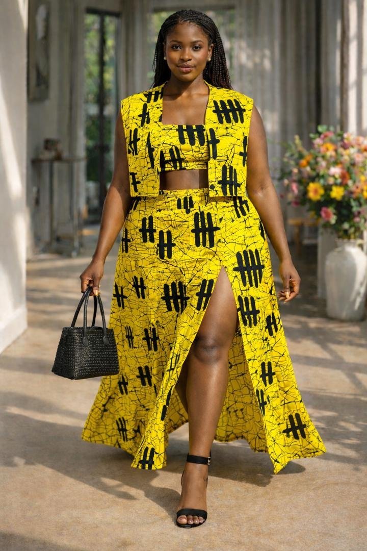 Yellow Batik Crop Top and High-Slit Maxi Skirt Set 3 Yellow Batik Crop Top and High-Slit Maxi Skirt Set - Image 3