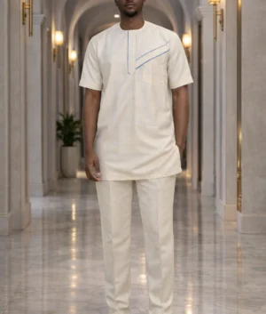 Men's Off-White Kaftan Suit with Blue Accents