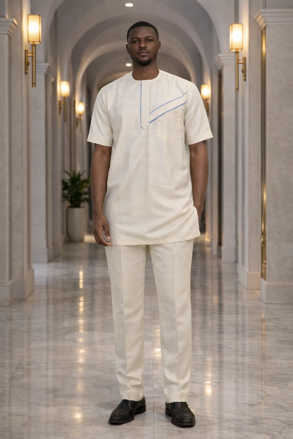 Men's Off-White Kaftan Suit with Blue Accents