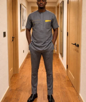 Men’s Grey Senator Suit with Yellow Pocket Trim