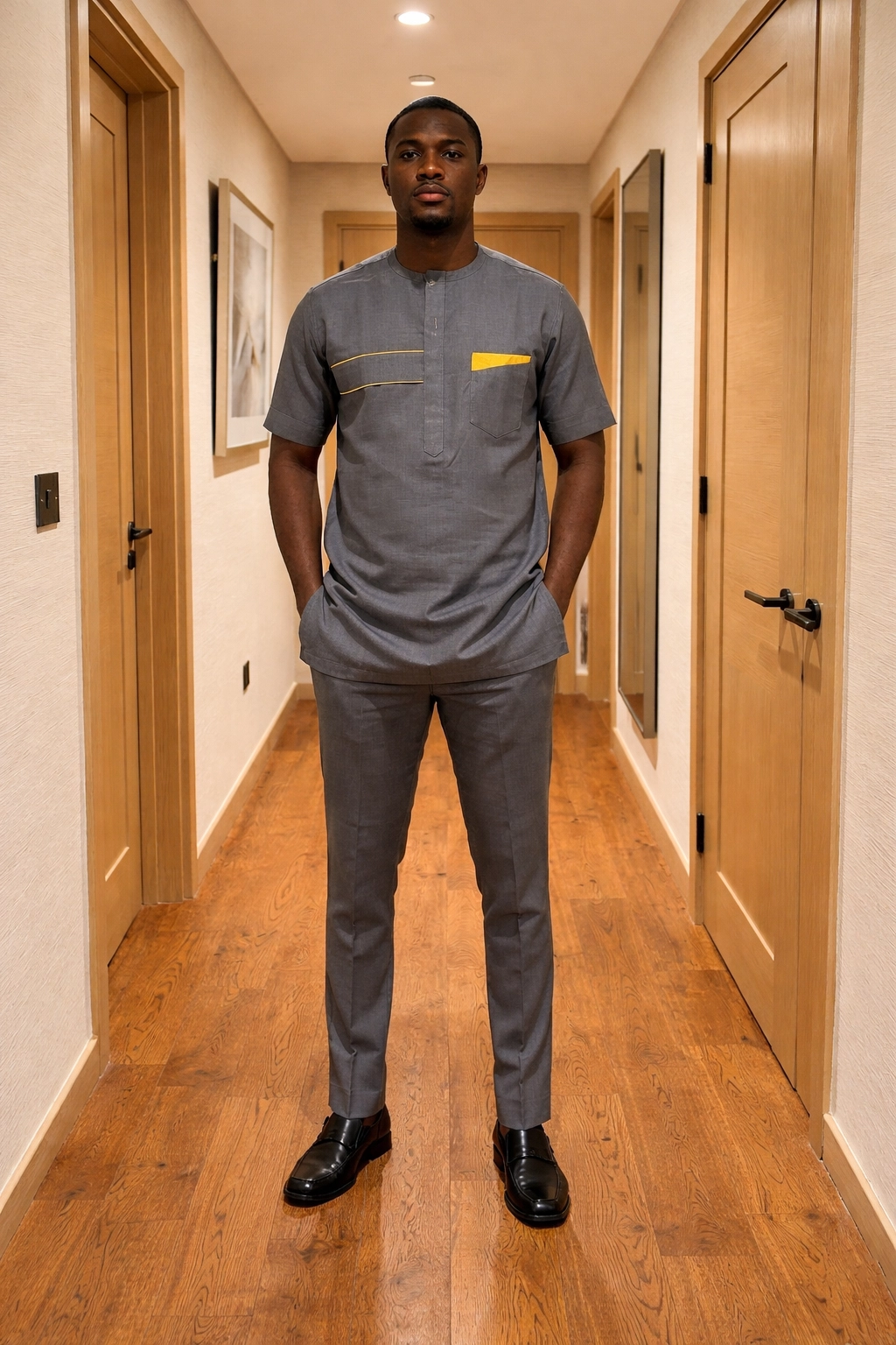 Men’s Grey Senator Suit with Yellow Pocket Trim