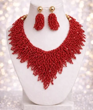 Red Beaded Fringe Statement Necklace Set
