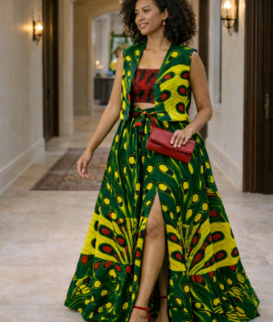 Green Peacock Print Maxi Skirt and Vest Set