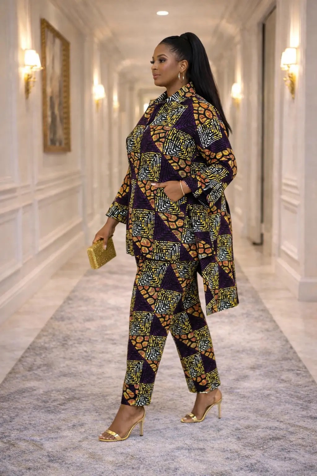 Women's Purple Geometric Ankara Pant Set - 2pc 3 Women's Purple Geometric Ankara Pant Set - 2pc - Image 3