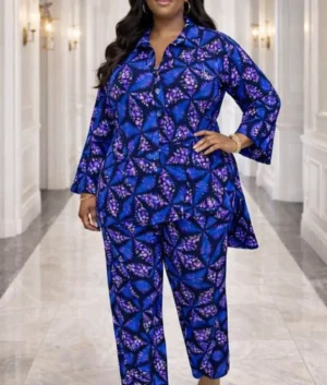 Women's Blue Butterfly Print Pant Set - 2 Piece