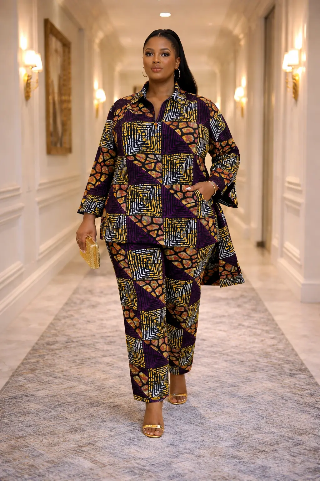 Women's Purple Geometric Ankara Pant Set - 2pc 1 Women's Purple Geometric Ankara Pant Set - 2pc