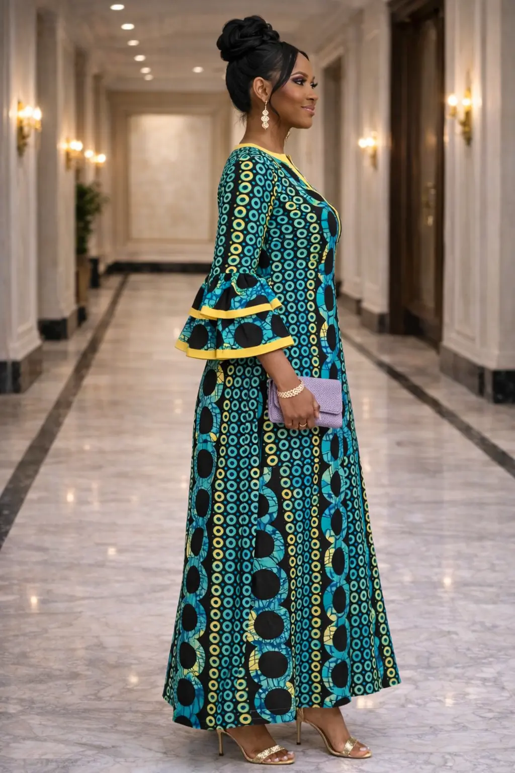 Teal and Yellow African Print Bell Sleeve Dress 3 Teal and Yellow African Print Bell Sleeve Dress - Image 3