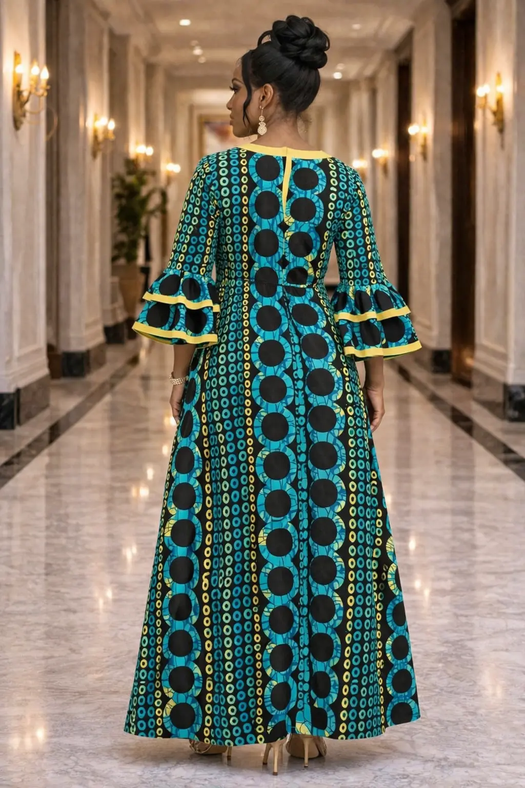 Teal and Yellow African Print Bell Sleeve Dress 2 Teal and Yellow African Print Bell Sleeve Dress - Image 2