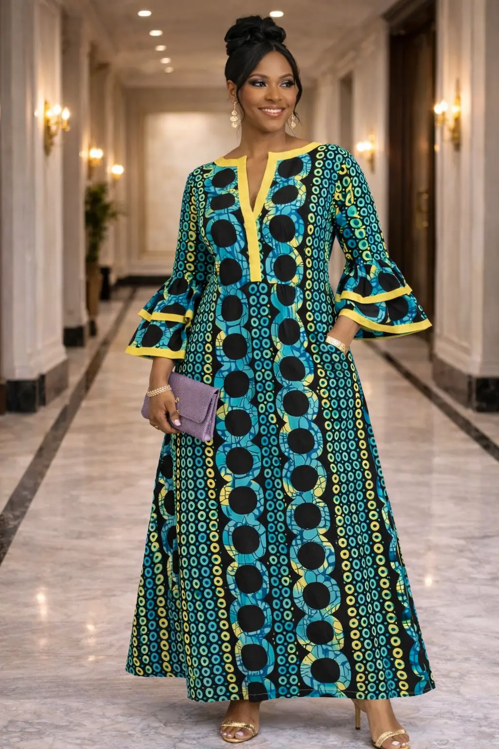 Teal and Yellow African Print Bell Sleeve Dress 1 Teal and Yellow African Print Bell Sleeve Dress