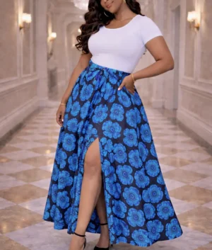 Indigo Flora African Print High-Slit Maxi Skirt
