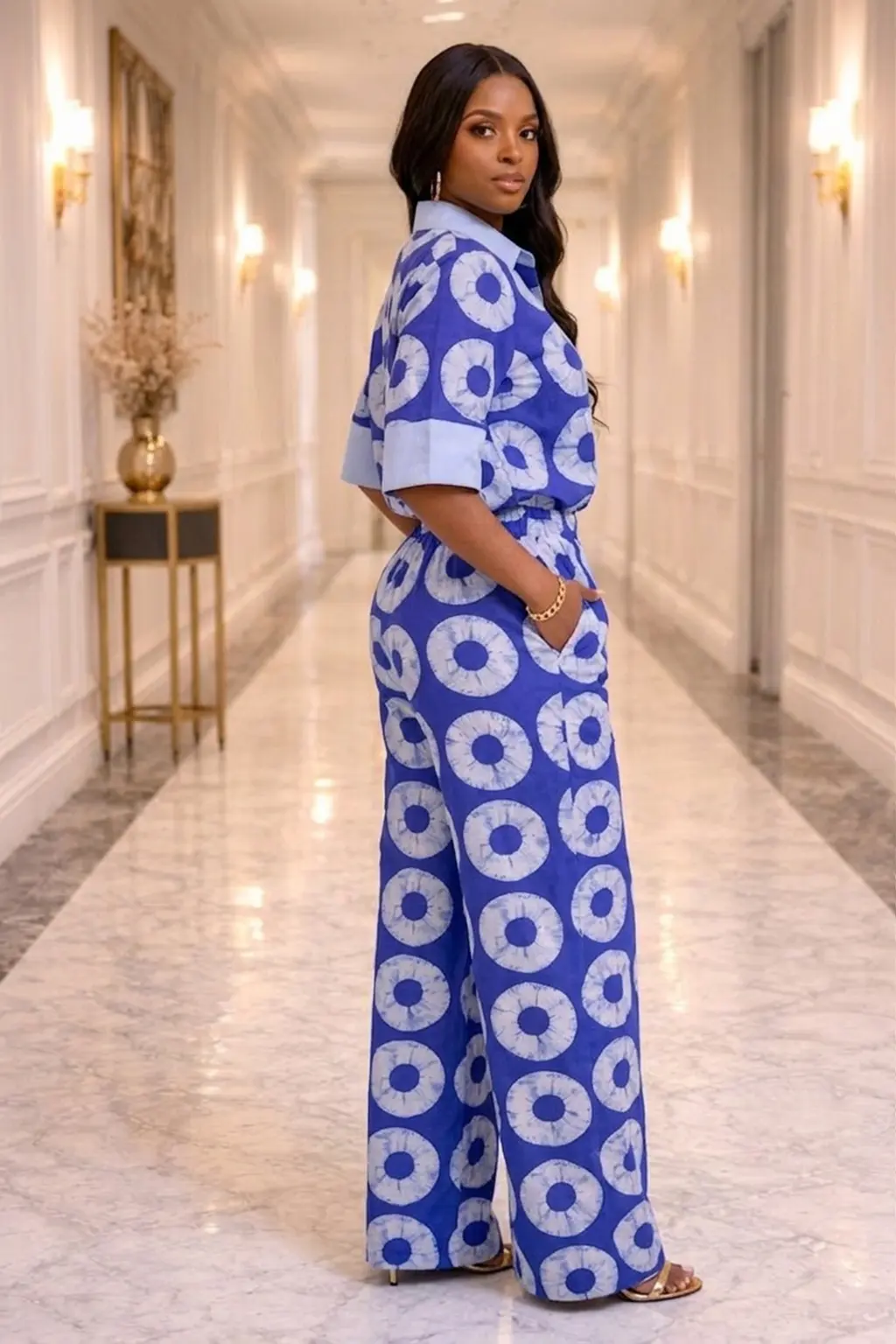 Women's Blue Adire Print Pant Set - 2 Piece 2 Women's Blue Adire Print Pant Set - 2 Piece - Image 2