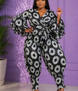 Adire Mono African Print Wrap Top and Pants Set