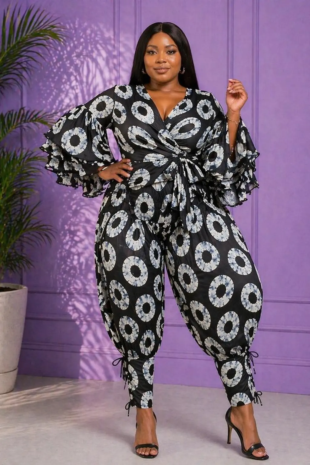 Adire Mono African Print Wrap Top and Pants Set